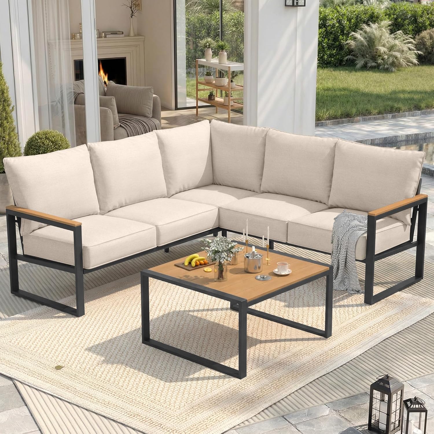 Outdoor Furniture Balcony - 6pc Metal Patio Sectional Sofa L-shape