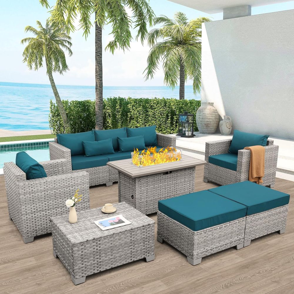 Outdoor Furniture Fire Pit - 6-Piece Grey Wicker Outdoor Patio Furniture