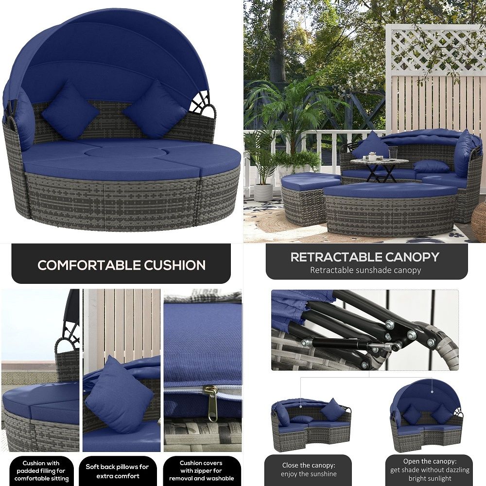 Outdoor Furniture Patio - 4 Piece Round Rattan Daybed, Convertible