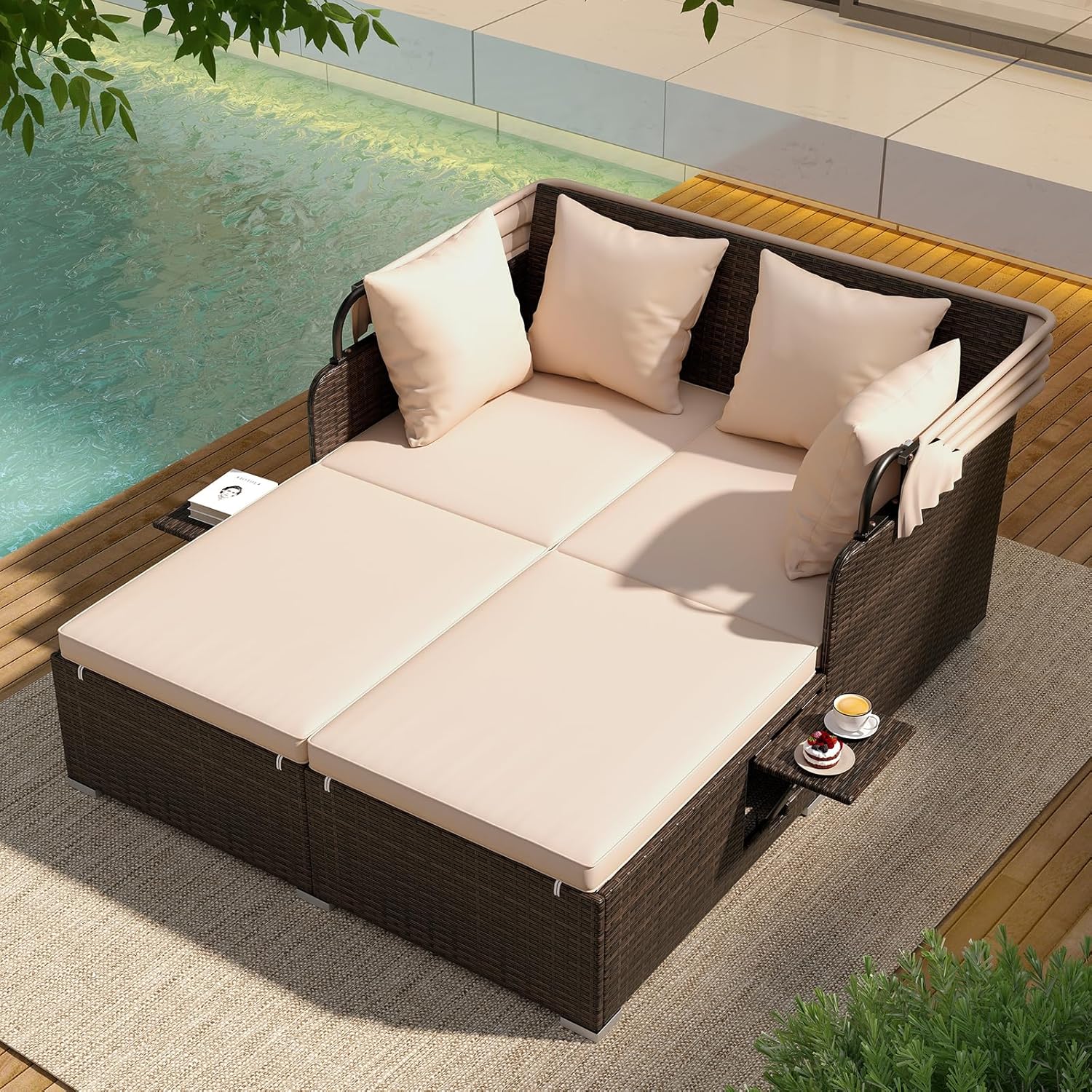 Outdoor Furniture Rattan - Outdoor Daybed, 2-Person Wicker Patio Sofa
