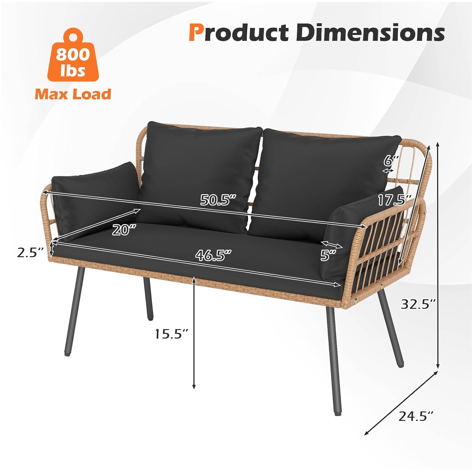 Outdoor Furniture Loveseat - 2-Seat PE Rattan Patio Loveseat, 660LBS