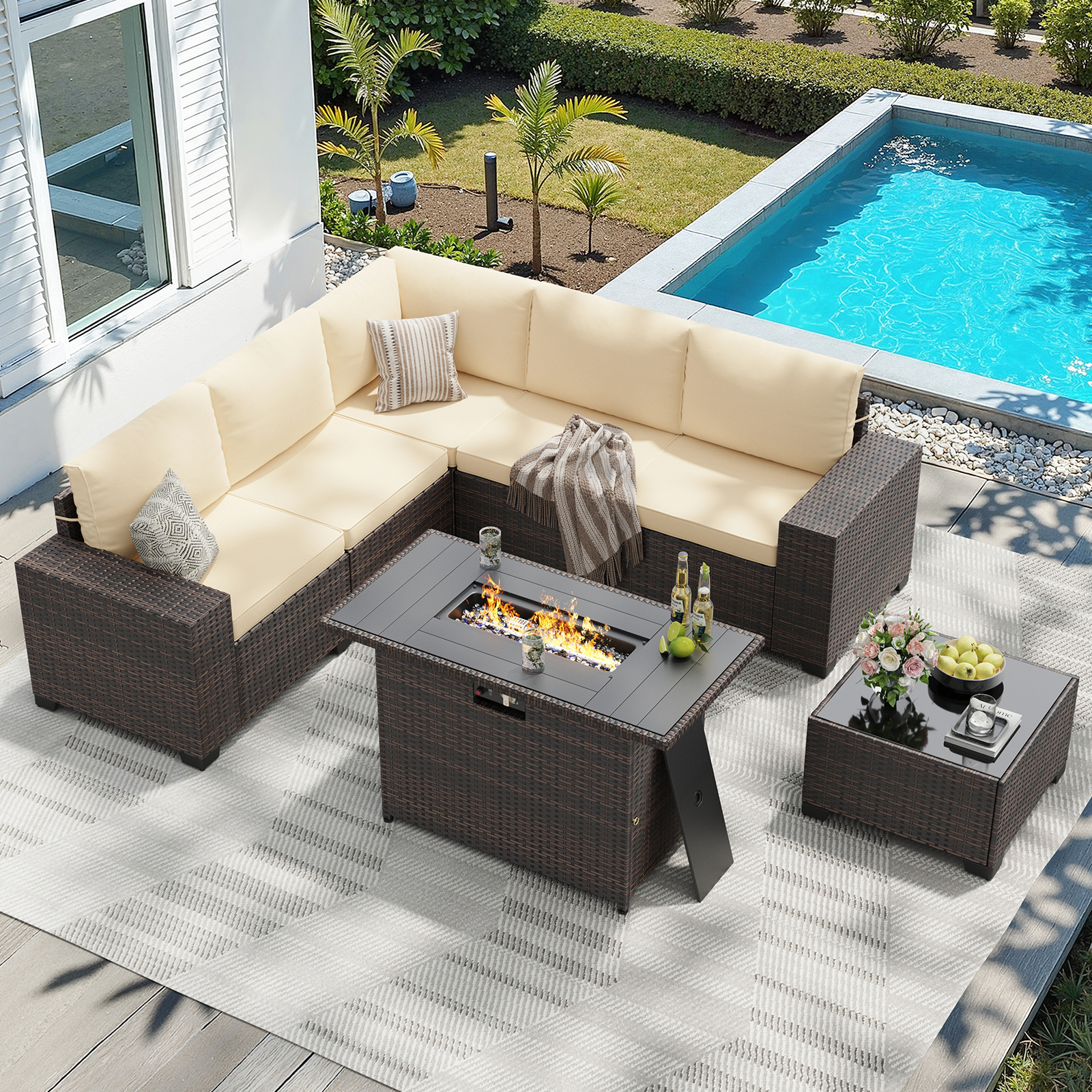 Outdoor Furniture Fire Pit - 7 Piece Patio Furniture Set with