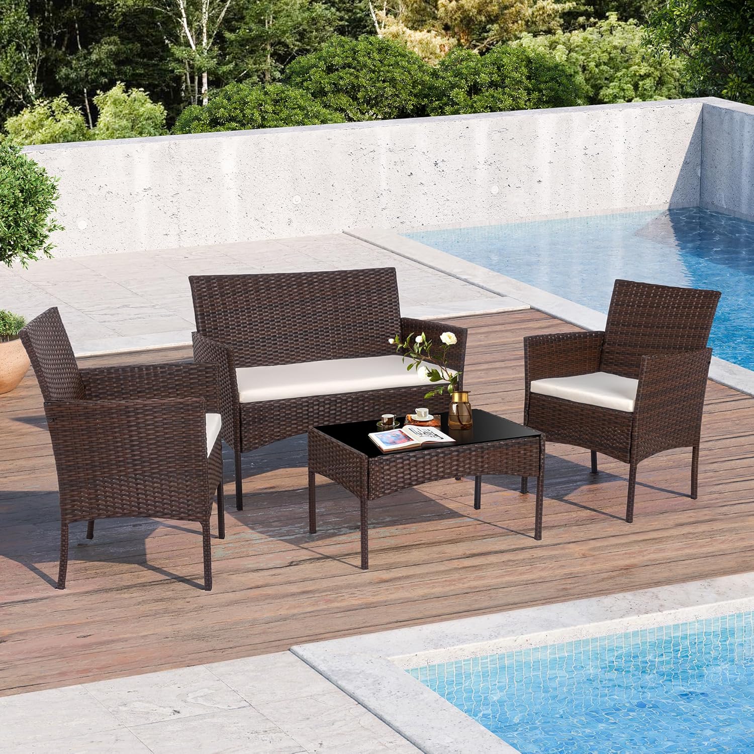 Outdoor Furniture Loveseat - Brown Wicker Rattan 4 Piece Outdoor