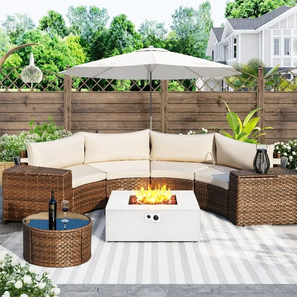 Half-Moon Curved 8-Piece Patio - Outdoor Furniture Fire Pit บทวิจารณ์และราคา