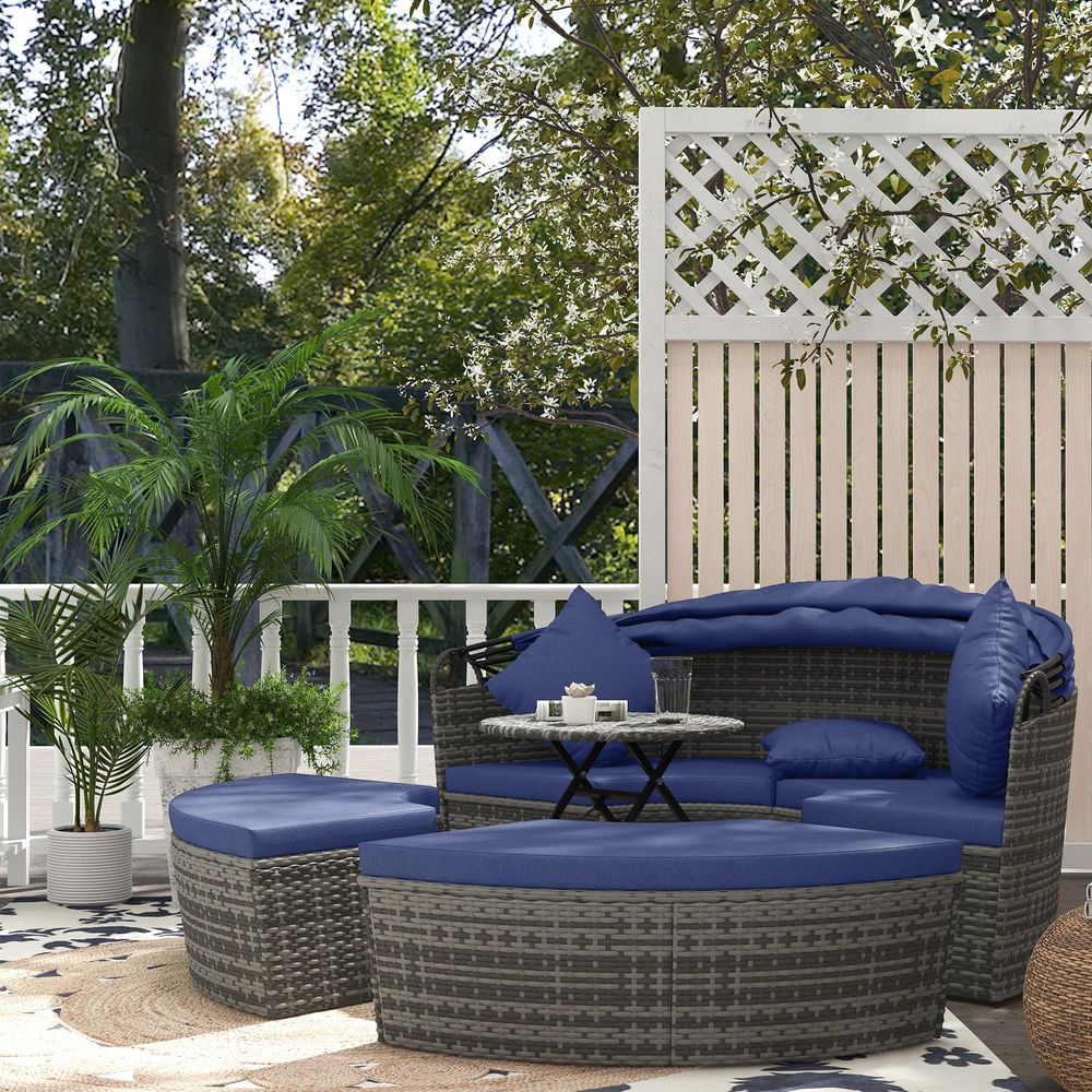 4 Piece Round Rattan Daybed, C - Outdoor Furniture Patio บทวิจารณ์และราคา