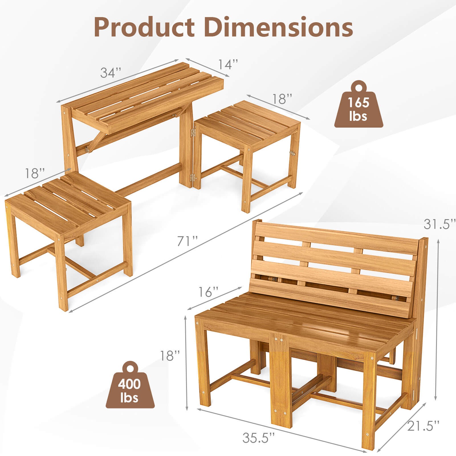 3-in-1 Outdoor Acacia Wood Lov - Outdoor Furniture Loveseat บทวิจารณ์และราคา