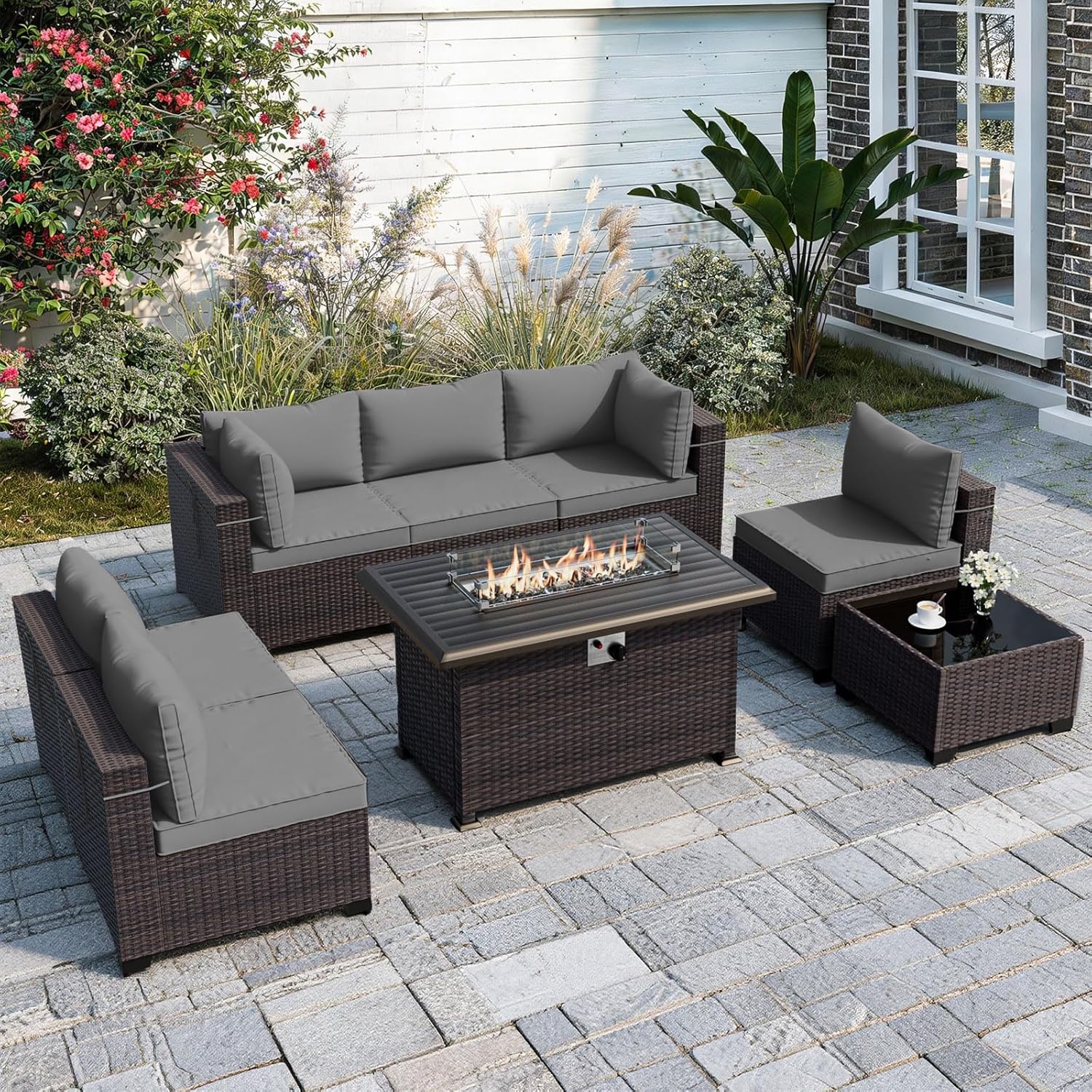 Patio Furniture Set with Fire  - Outdoor Furniture Fire Pit บทวิจารณ์และราคา