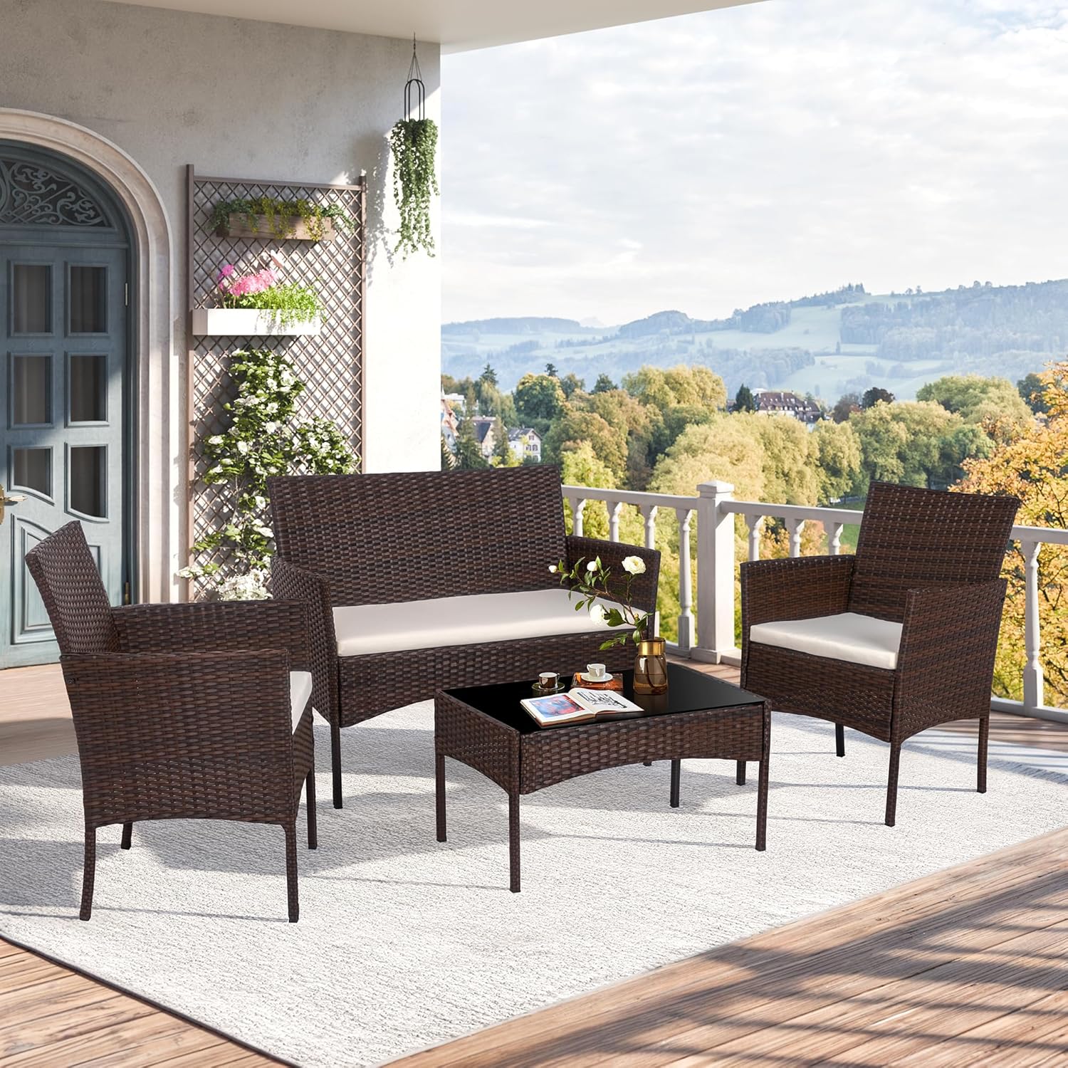 Brown Wicker Rattan 4 Piece Ou - Outdoor Furniture Loveseat บทวิจารณ์และราคา